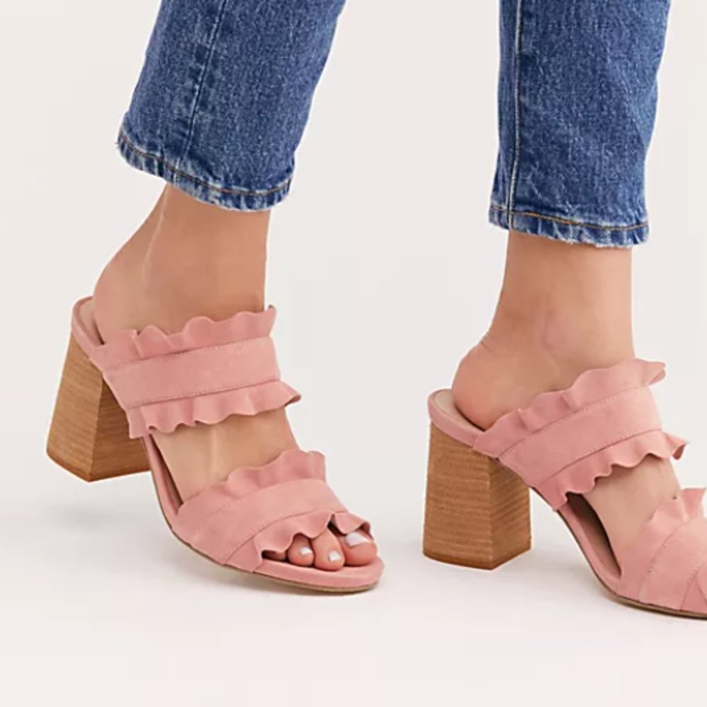 Free People Pink Suede Rosie Ruffle Slip On Double Strap Open Toe Heels